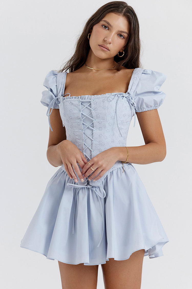 Flowy Square Neck Lace Up Vest Drop Waist Fit & Flare Mini Sundress - Blue  Fashionpara
