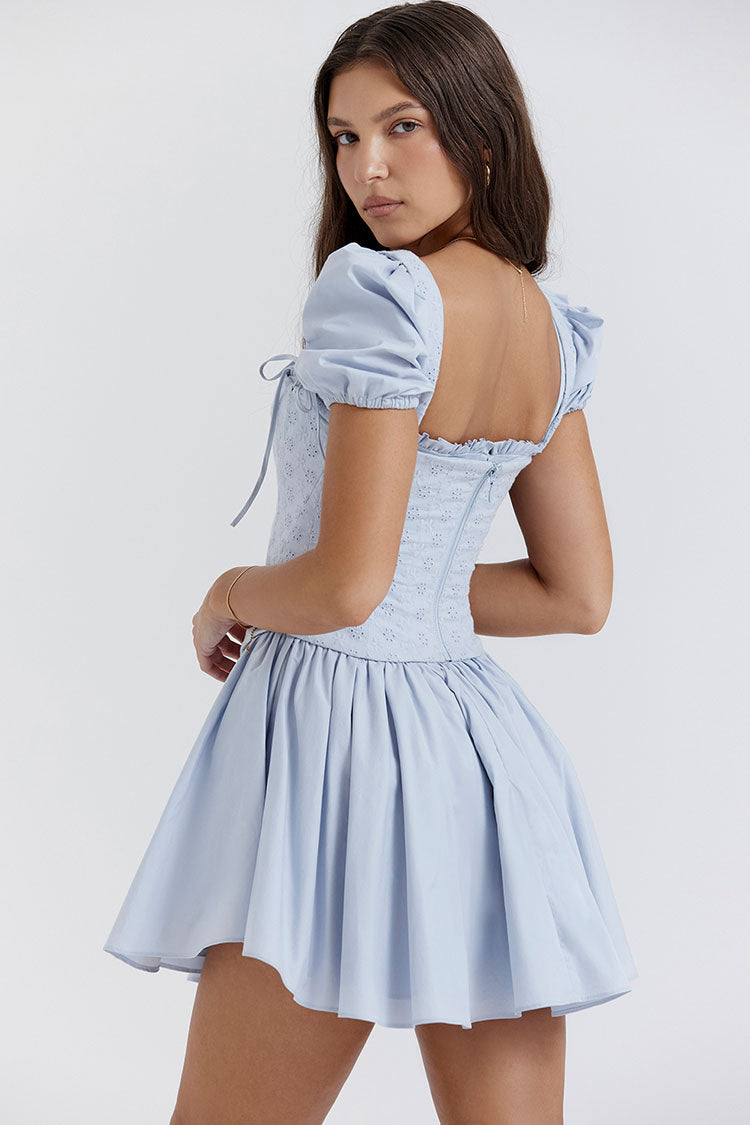 Flowy Square Neck Lace Up Vest Drop Waist Fit & Flare Mini Sundress - Blue  Fashionpara