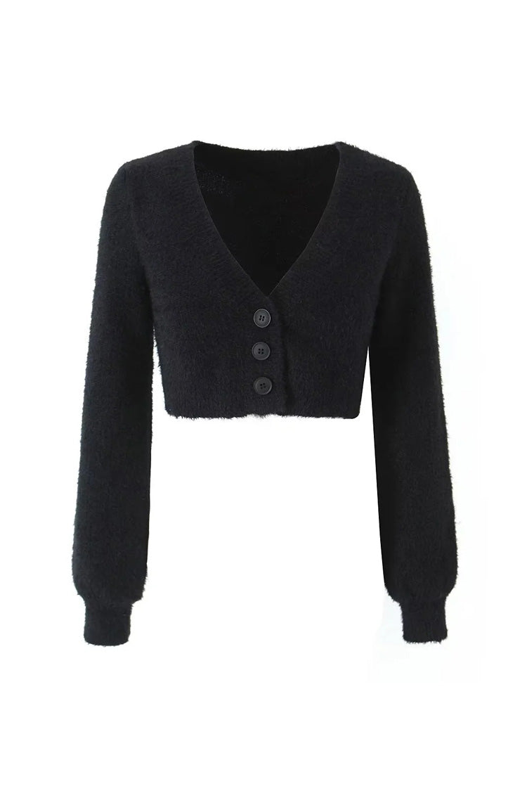 Fluffy Soft Solid Color V Neck Single Breasted Long Sleeve Cropped Cardigan - Fashionpara