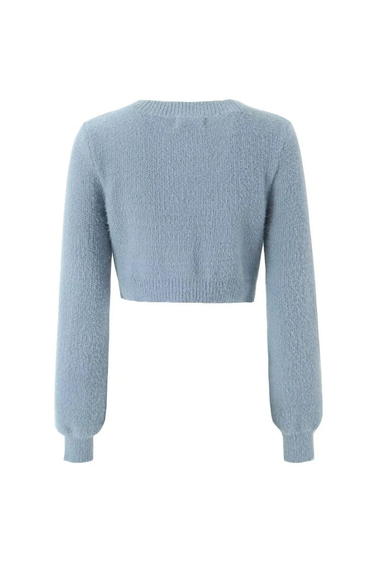 Fluffy Soft Solid Color V Neck Single Breasted Long Sleeve Cropped Cardigan - Fashionpara