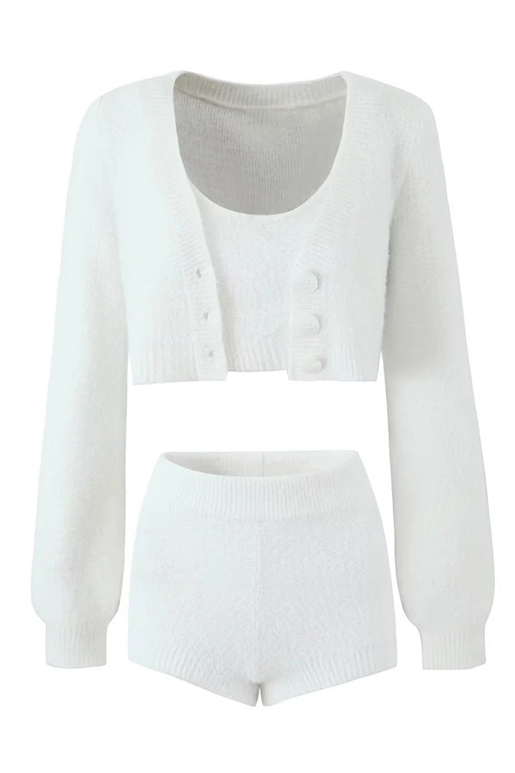 Fluffy Soft Solid Color V Neck Single Breasted Long Sleeve Cropped Cardigan - Fashionpara