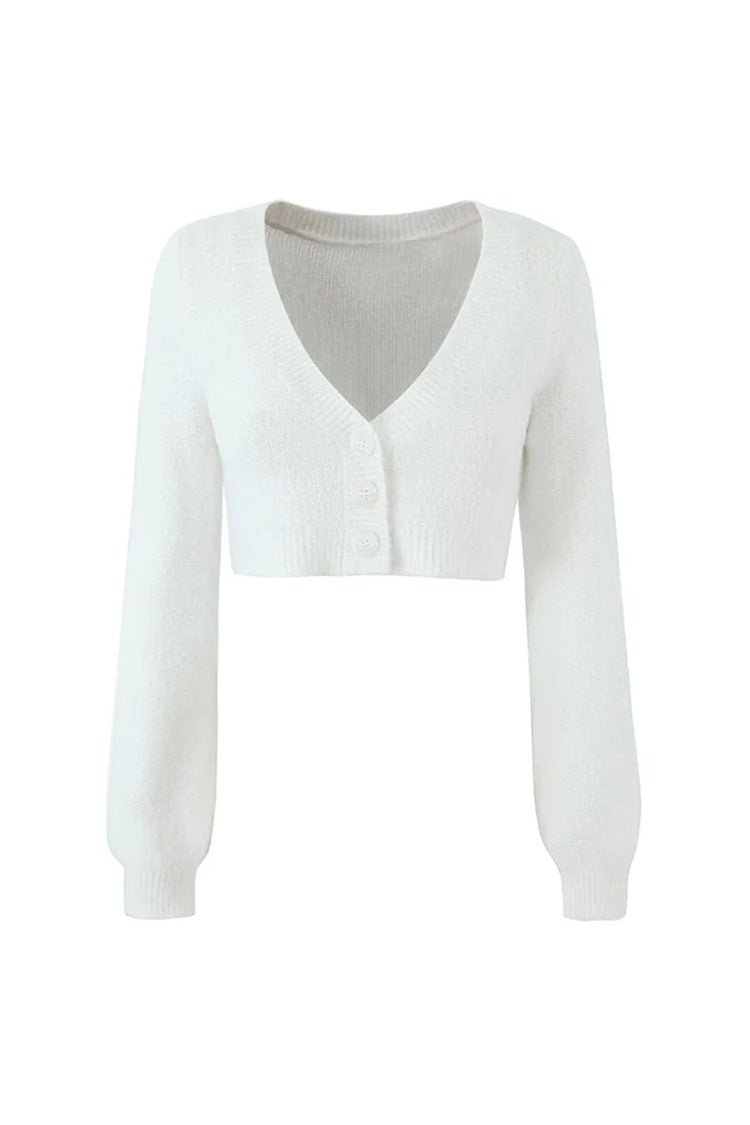 Fluffy Soft Solid Color V Neck Single Breasted Long Sleeve Cropped Cardigan - Fashionpara