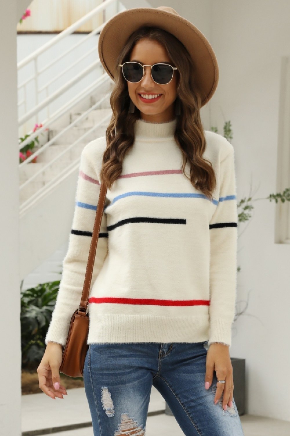 RadyRin Fluffy Stripe High Neck Loose Knit Sweater