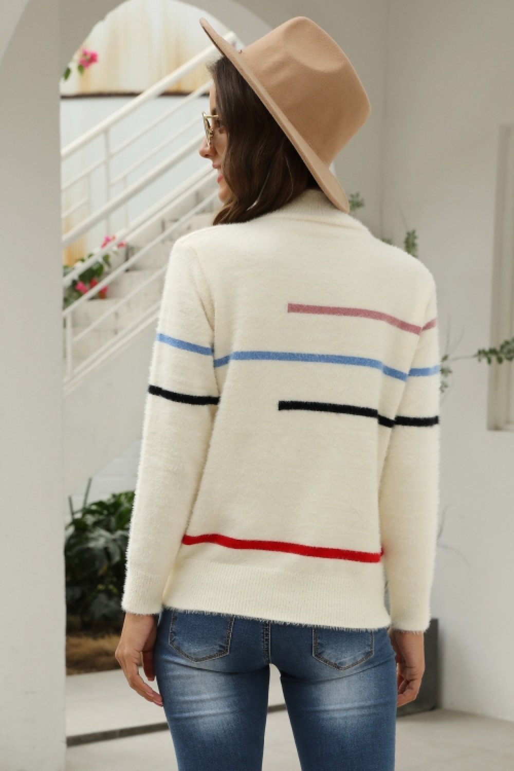 RadyRin Fluffy Stripe High Neck Loose Knit Sweater
