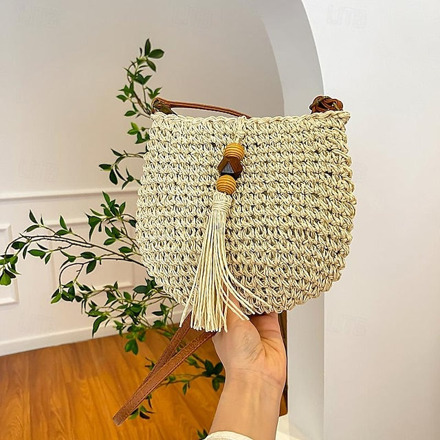 Tassel Bag Woven Boho Handbag Straw Crossbody
