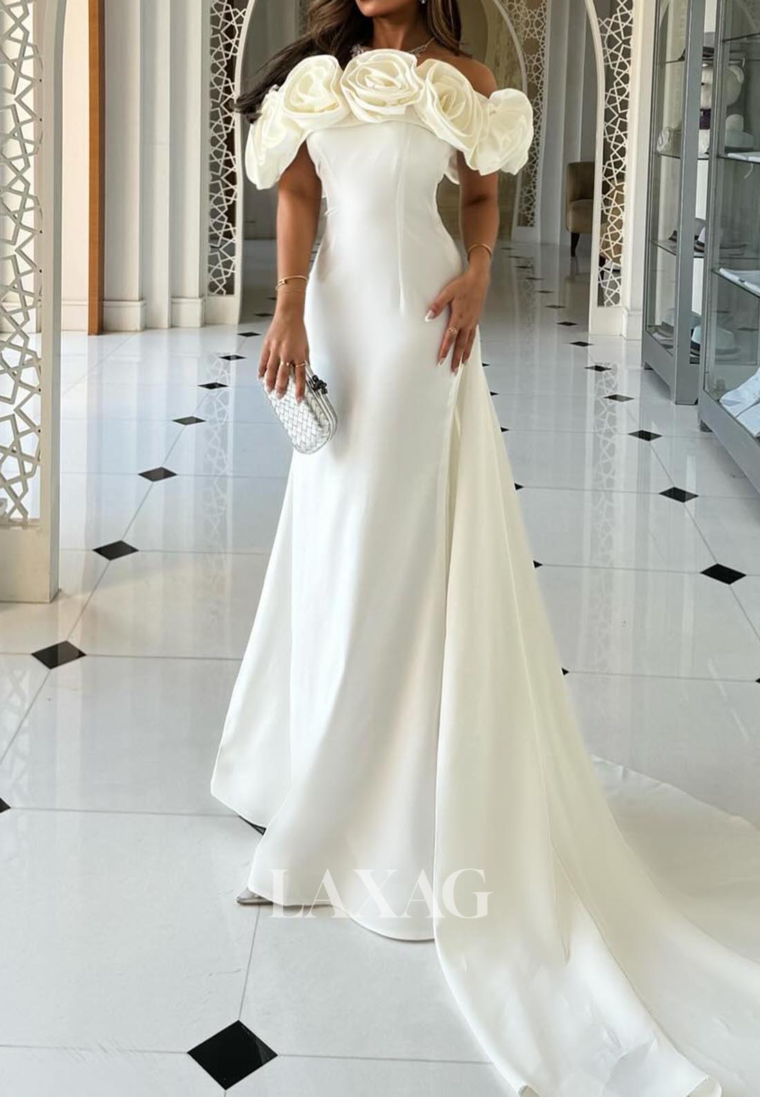 Floral Embellished Tube Top Formal Gowns Sleeveless Satin Mermaid Evening Dress with Train