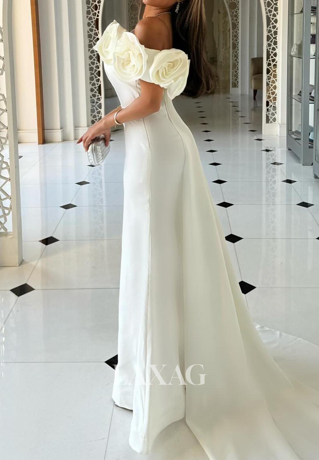 Floral Embellished Tube Top Formal Gowns Sleeveless Satin Mermaid Evening Dress with Train