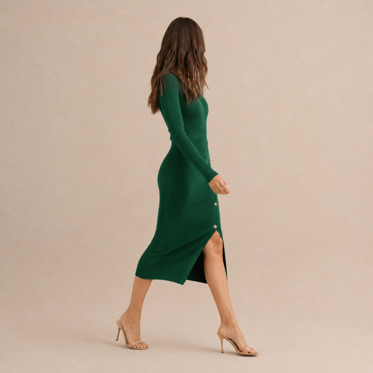 V-Neck Long Sleeve Button Side Ribbed Knit Midi Dress 12
