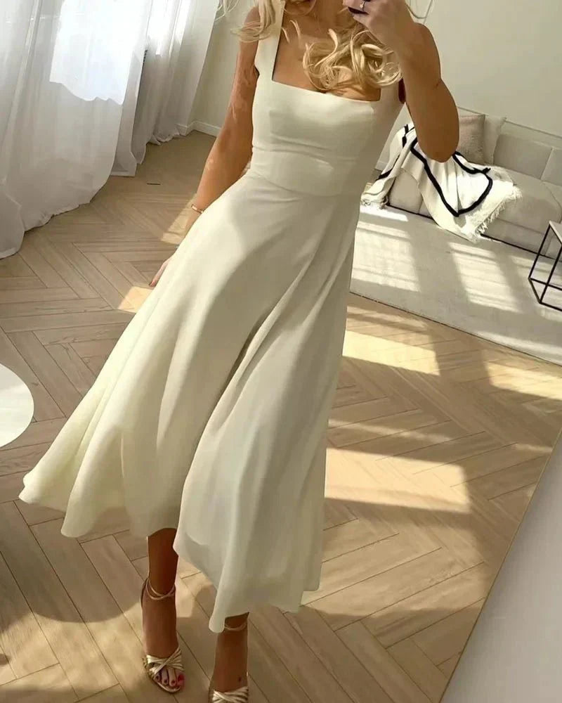Square Neck Sleeveless Corset Seam A-Line Chiffon Midi Dress - View 3