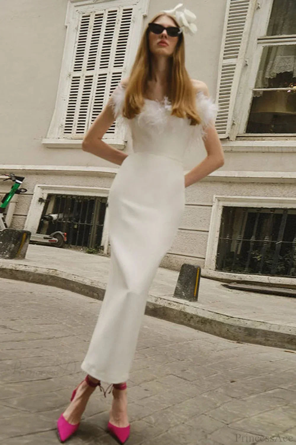 Feather Trim Strapless Column Gown