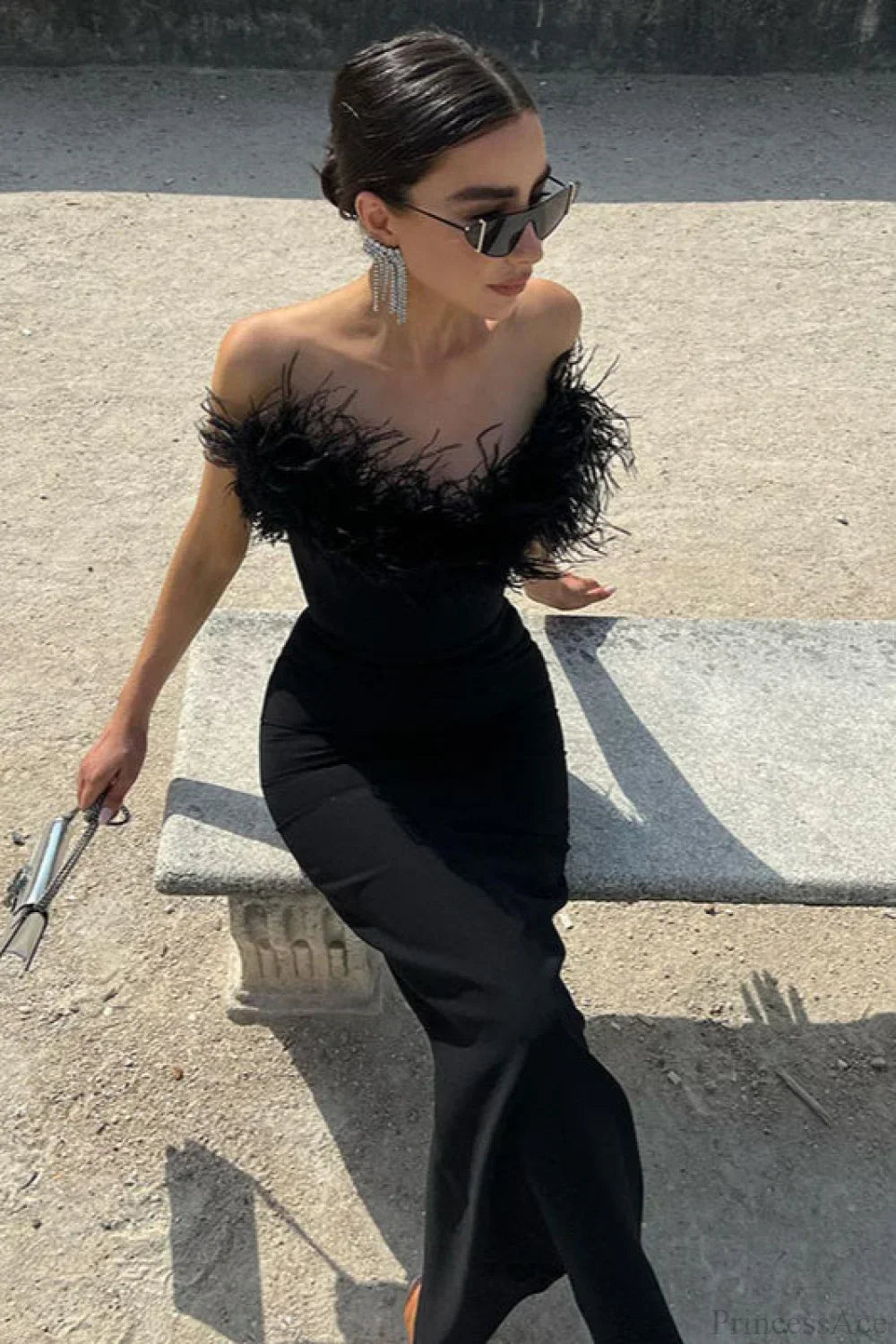 Feather Trim Strapless Column Gown