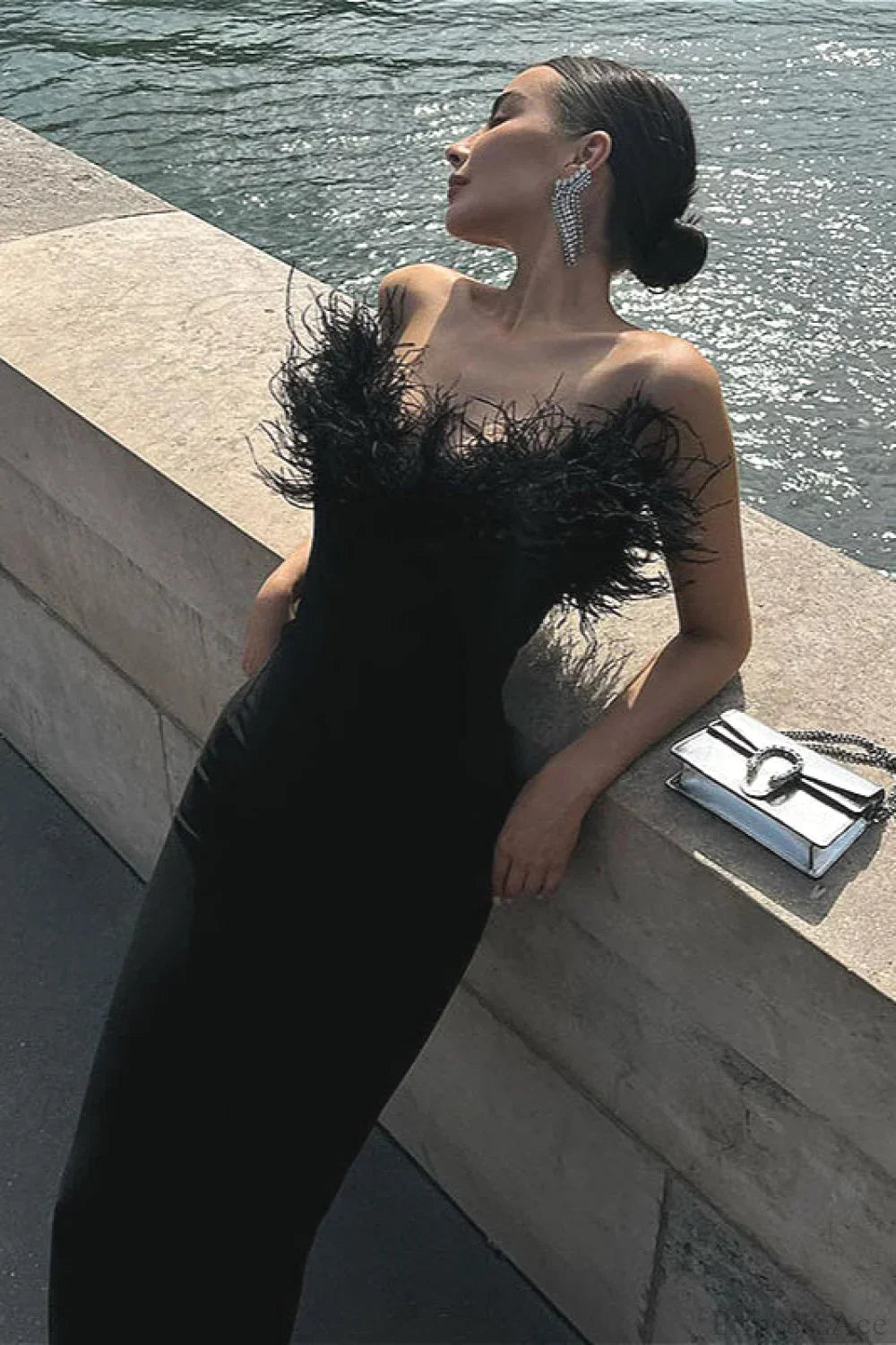 Feather Trim Strapless Column Gown