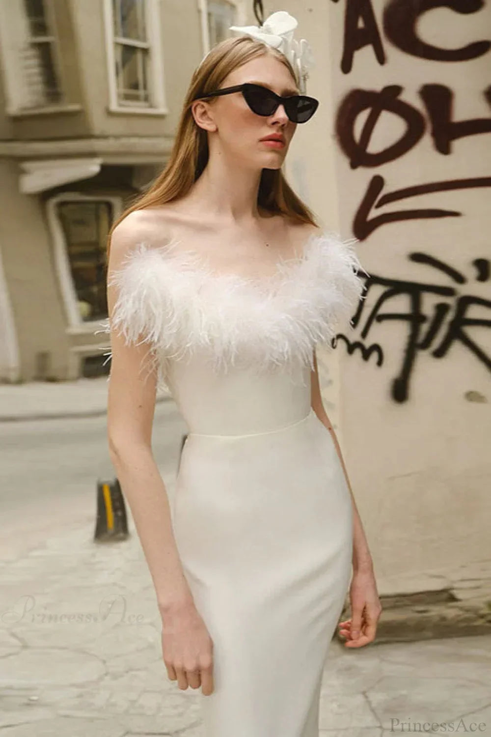 Feather Trim Strapless Column Gown