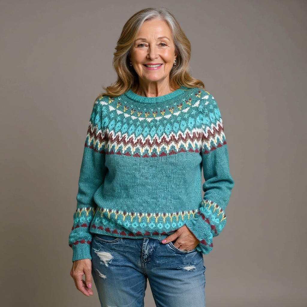 Fair Isle Crew Neck Long Sleeve Knit Sweater