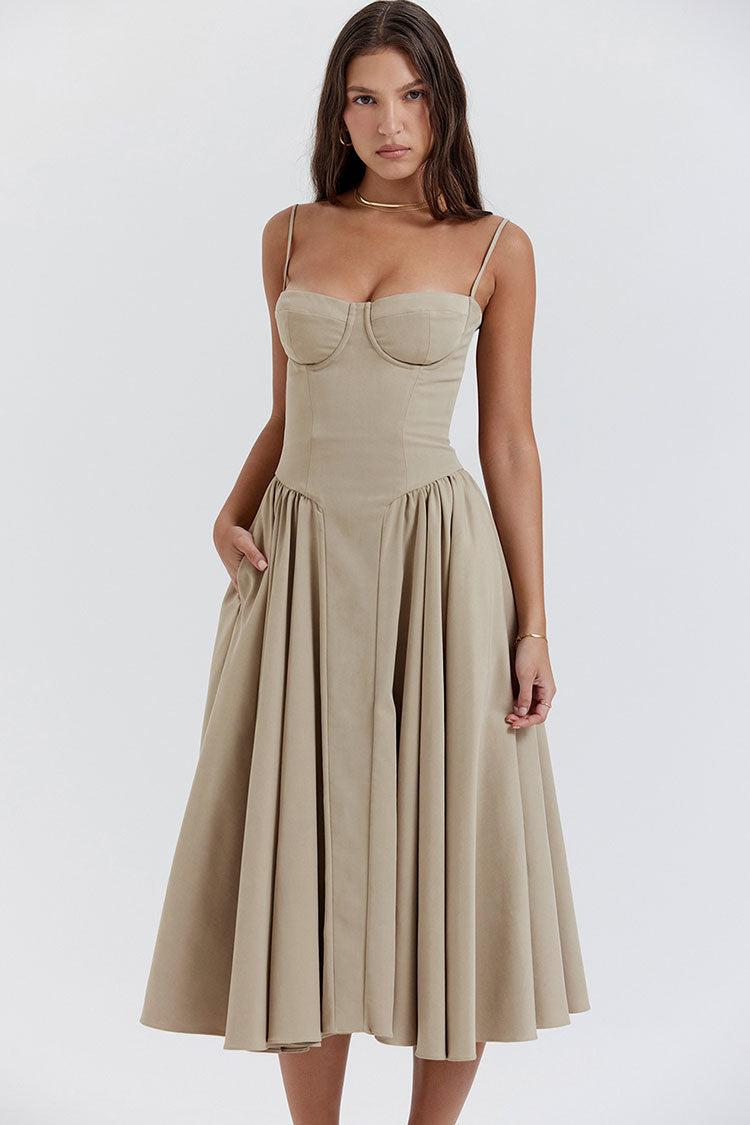 French Bustier Spaghetti Strap Drop Waist Fit & Flare Midi Sundress - Khaki - Fashionpara