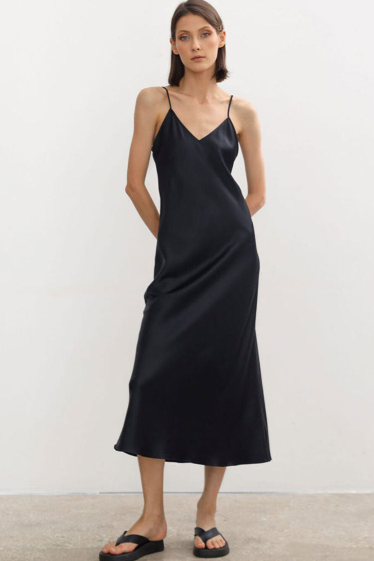 Satin V-Neck Maxi Dress in Black