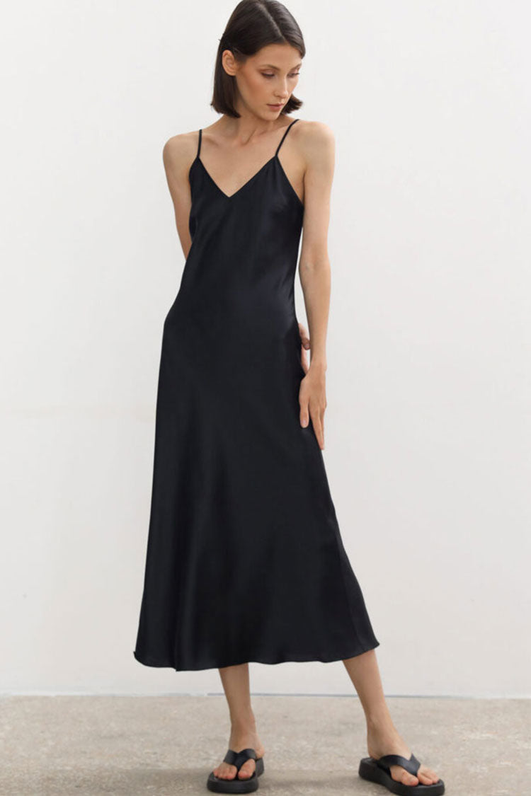 Satin V-Neck Maxi Dress in Black - View 2