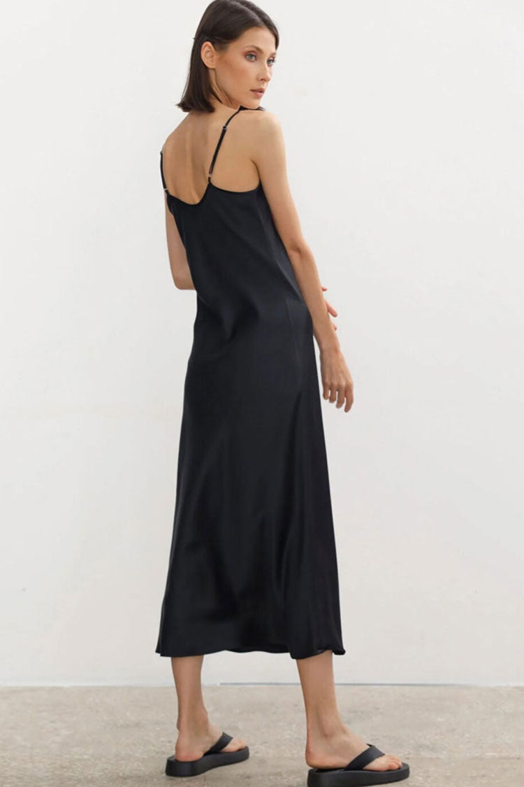 Satin V-Neck Maxi Dress in Black - View 3