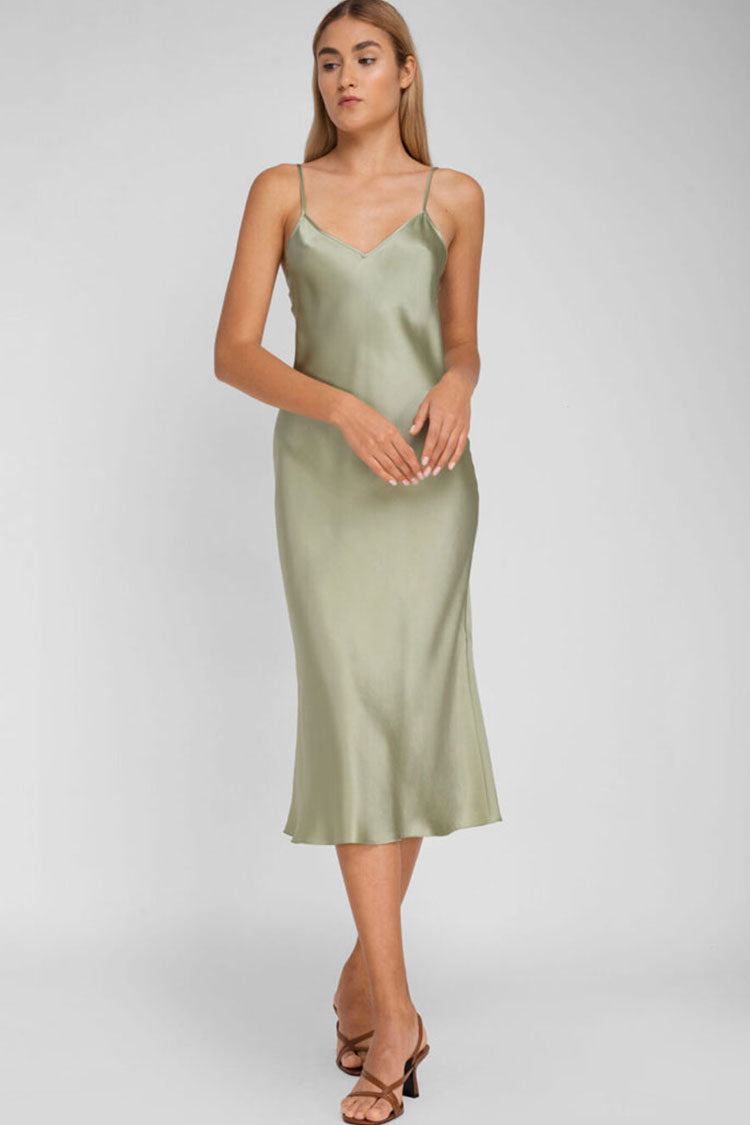 Spaghetti Strap V-Neck Satin Slip Midi Dress