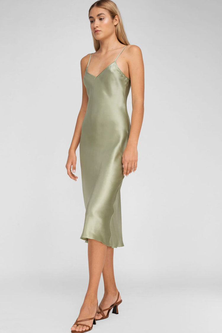 Spaghetti Strap V-Neck Satin Slip Midi Dress - View 2