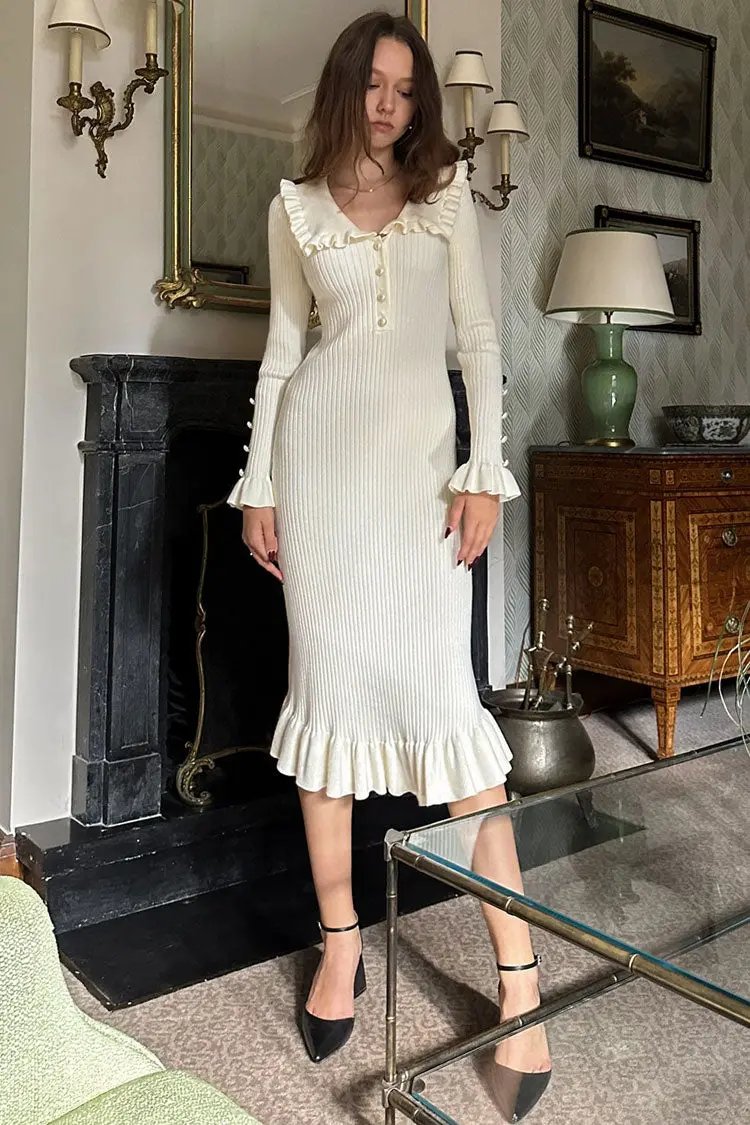 French Peter Pan Collar Half Button Ruffle Long Sleeve Sweater Midi Dress - Cream  Fashionpara