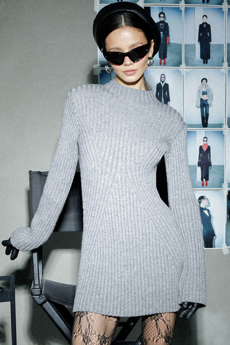 Rosedress French Style Mock Neck Rib Knit Sweater Dress