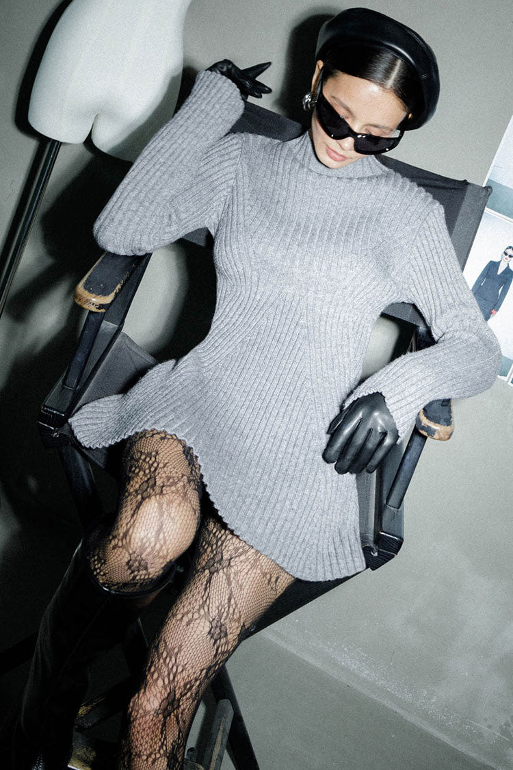 Rosedress French Style Mock Neck Rib Knit Sweater Dress