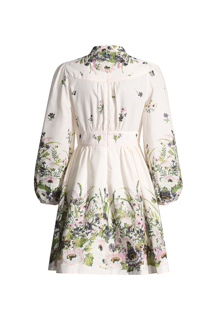 French Style Plunge Floral Print Blouson Sleeve Beach Vacation Mini Dress - Fashionpara