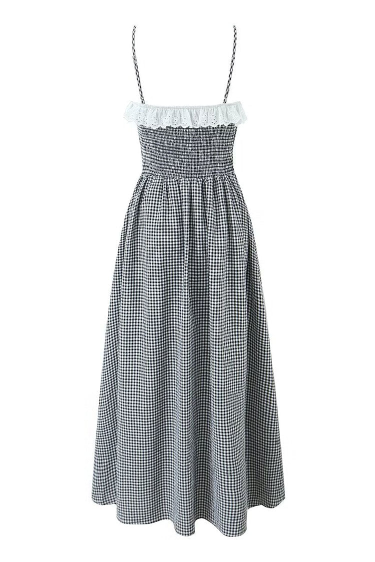 French Style Ruffle Sweetheart Gingham Cami Beach Vacation Midi Sundress - Fashionpara