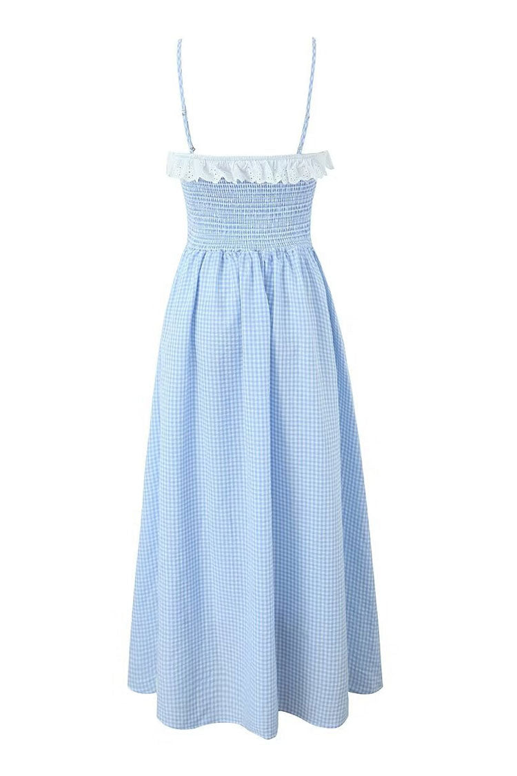 French Style Ruffle Sweetheart Gingham Cami Beach Vacation Midi Sundress - Fashionpara