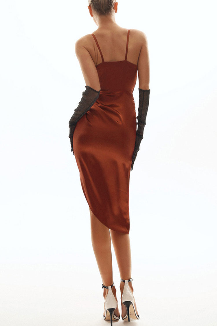 French Style Wrap V Neck High Slit Draped Slip Midi Dress - Brick Red - Fashionpara
