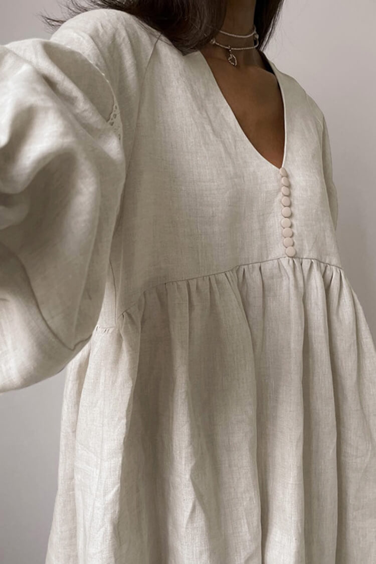 French V Neck Balloon Sleeve Empire Waist Linen Blend Babydoll Mini Dress
