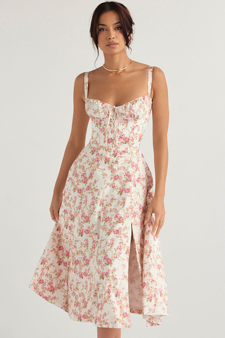 Fresh Bustier Tie Front Slit Floral Printed Midi Sundress - Pink  Fashionpara