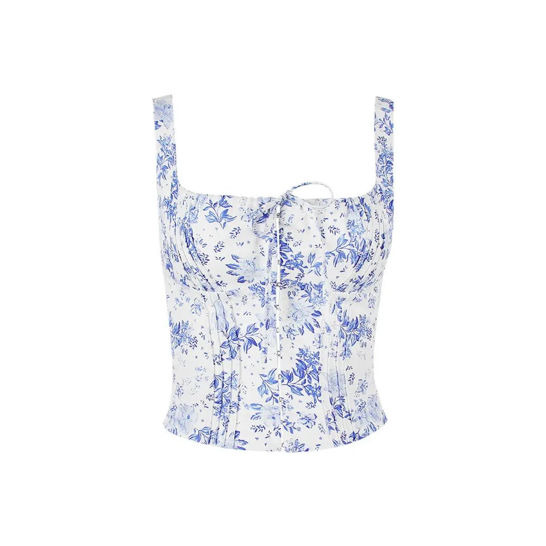 Fresh Tie Front Square Neck Frill Bustier Floral Printed Tank Top - Blue  Fashionpara