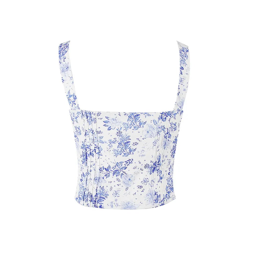 Fresh Tie Front Square Neck Frill Bustier Floral Printed Tank Top - Blue  Fashionpara
