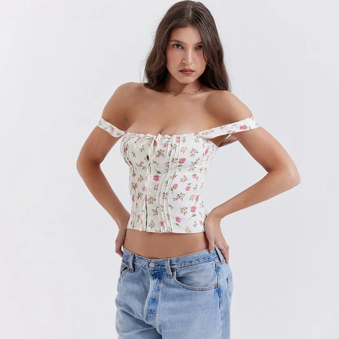 Fresh Tie Front Square Neck Frill Bustier Floral Printed Tank Top - Pink  Fashionpara