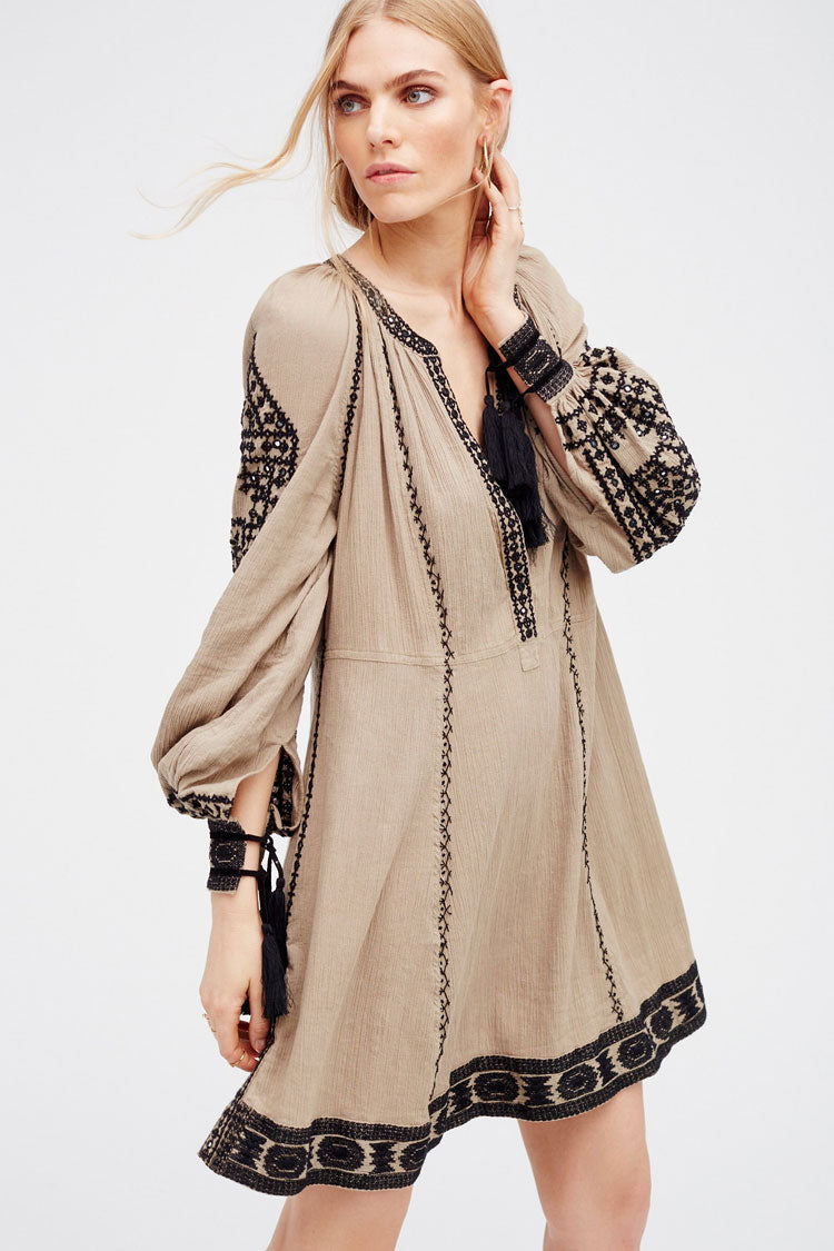 Fringe Ethnic Embroidered Long Sleeve Boho Style Mini Dress - Gray  Fashionpara