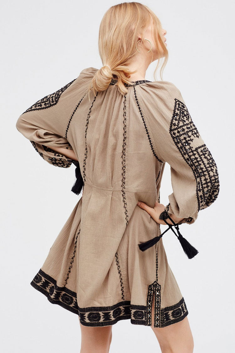 Fringe Ethnic Embroidered Long Sleeve Boho Style Mini Dress - Gray  Fashionpara