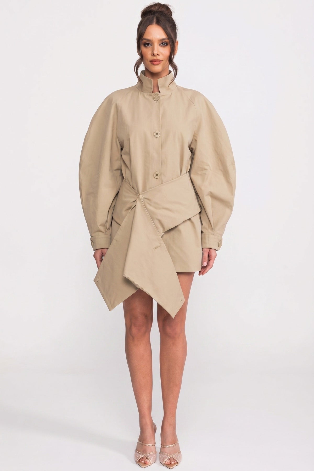 Button Front Puff Sleeve Belted Wrap Tie Asymmetric Hem Mini Dress
