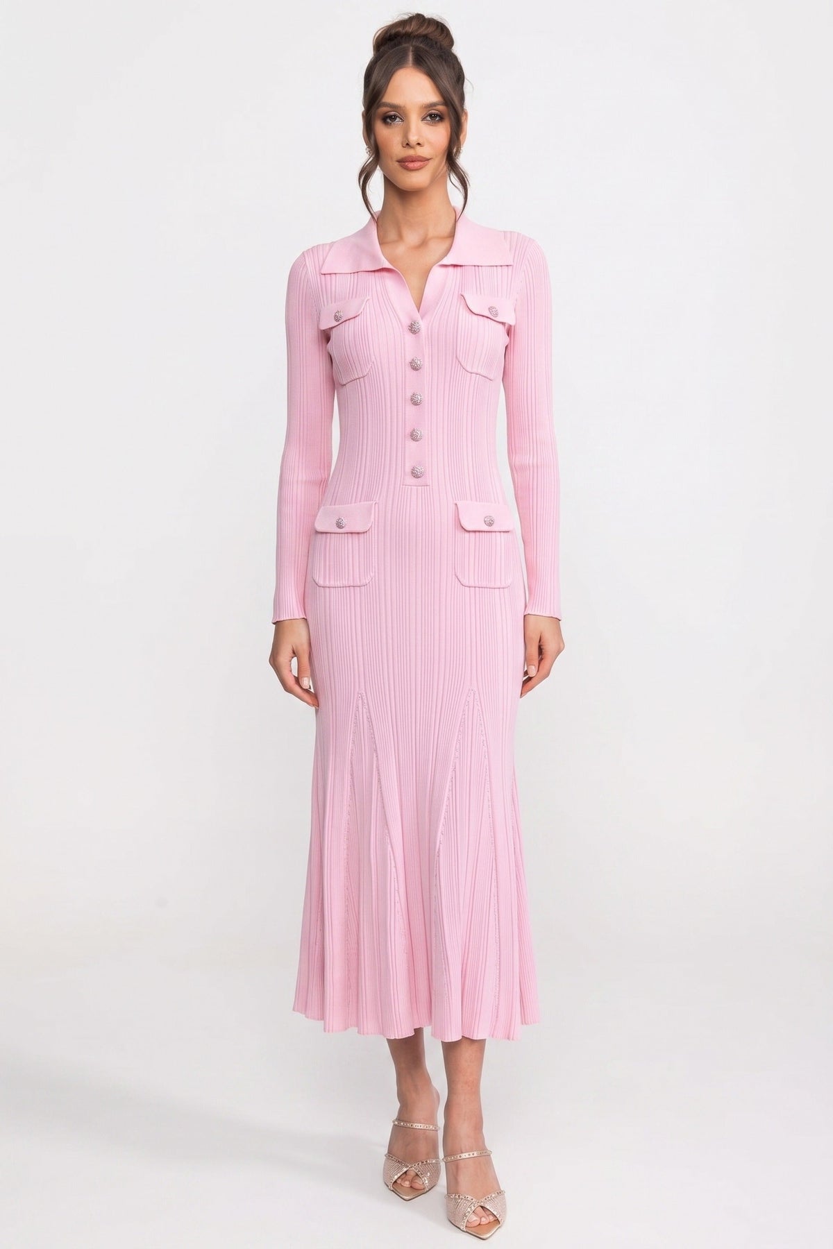 Long-Sleeve Button-Front Knit Maxi Dress With Patch Pockets - Pink