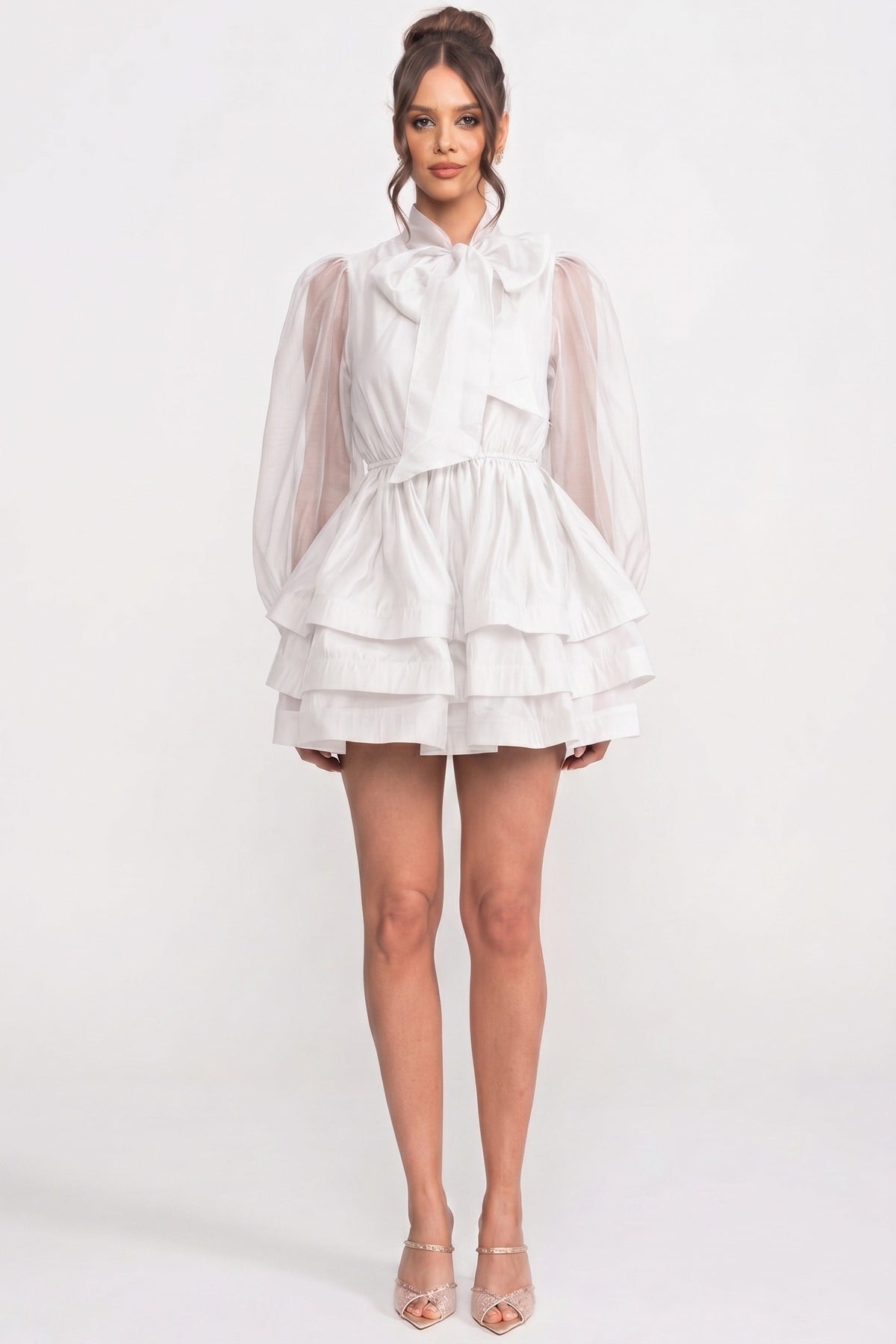 High-Neck Puff-Sleeve Mini Dress - White - View 3