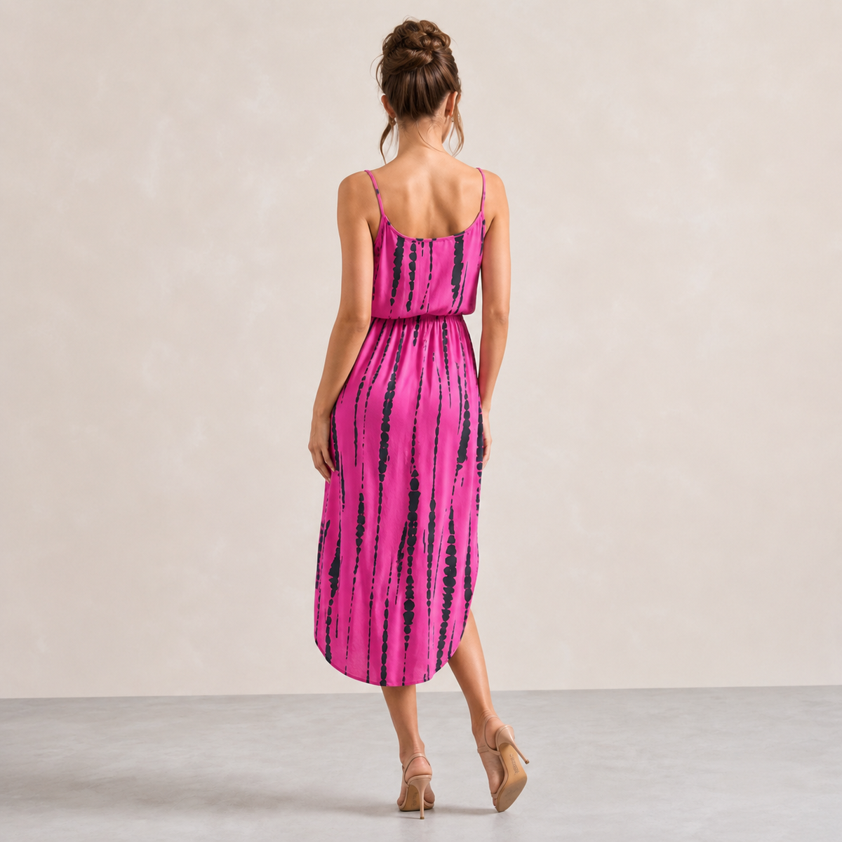 Tie Dye Stripe Cami Drawstring Waist High Low Midi Dress 9