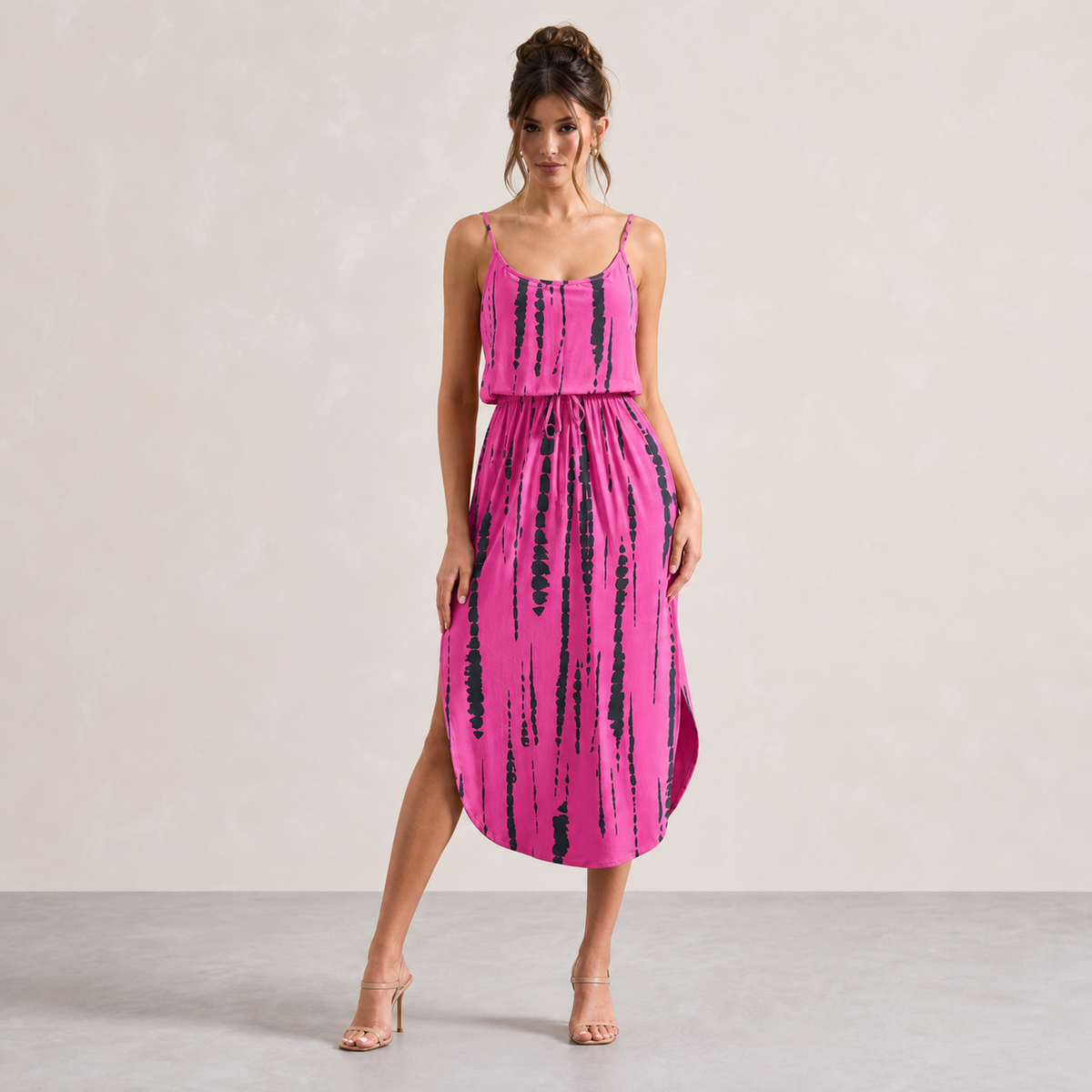Tie Dye Stripe Cami Drawstring Waist High Low Midi Dress 7