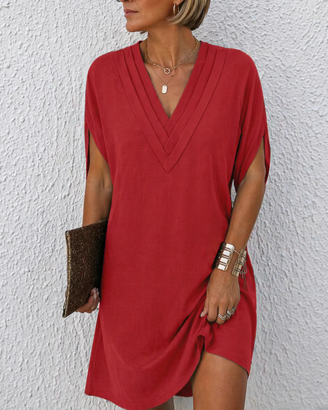 Deep V-Neck Short Sleeve Shift Midi Dress 5