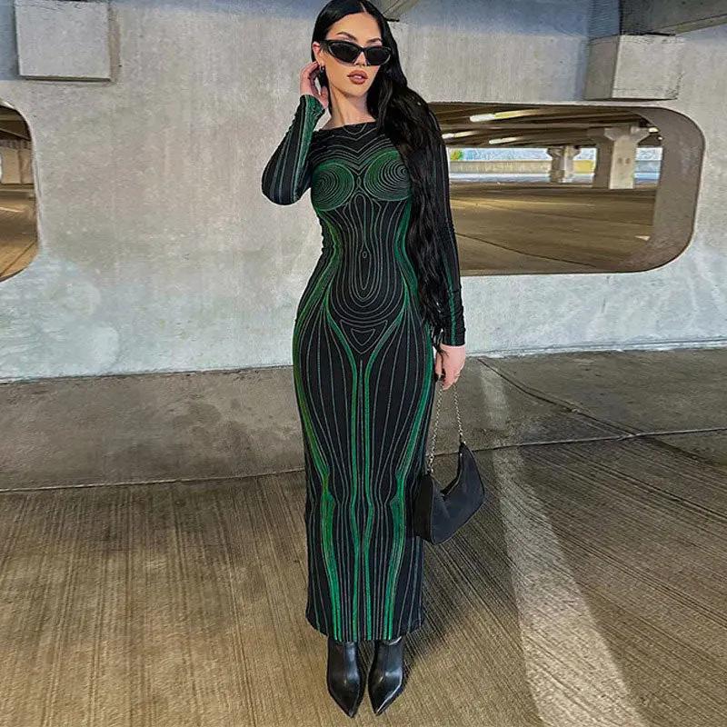 Futuristic Body Print Cut Out Long Sleeve Party Maxi Dress - Green  Fashionpara