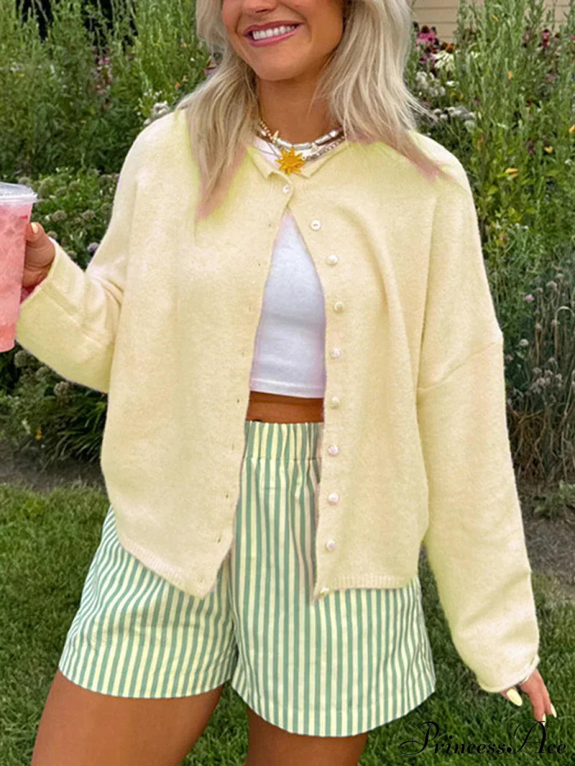 Fuzzy Button-Front Long Sleeve Knit Cardigan Beige / S