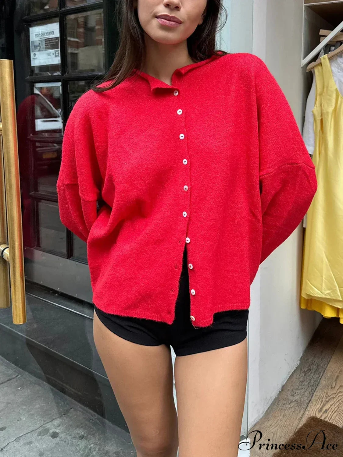 Fuzzy Button-Front Long Sleeve Knit Cardigan Red / S