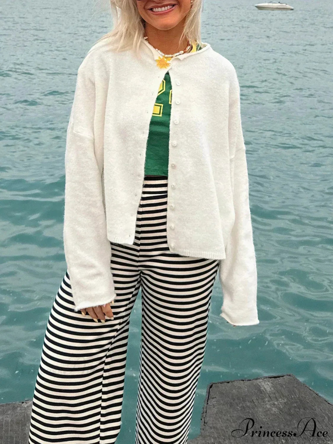 Fuzzy Button-Front Long Sleeve Knit Cardigan White / S