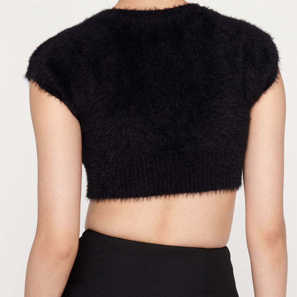 Fuzzy Ribbed Crop Cardigan with Open Front - Black