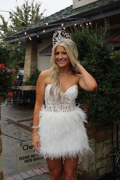 Amina Sheath Sweetheart Lace Feathered Skirt Homecoming Dress - Fashionpara